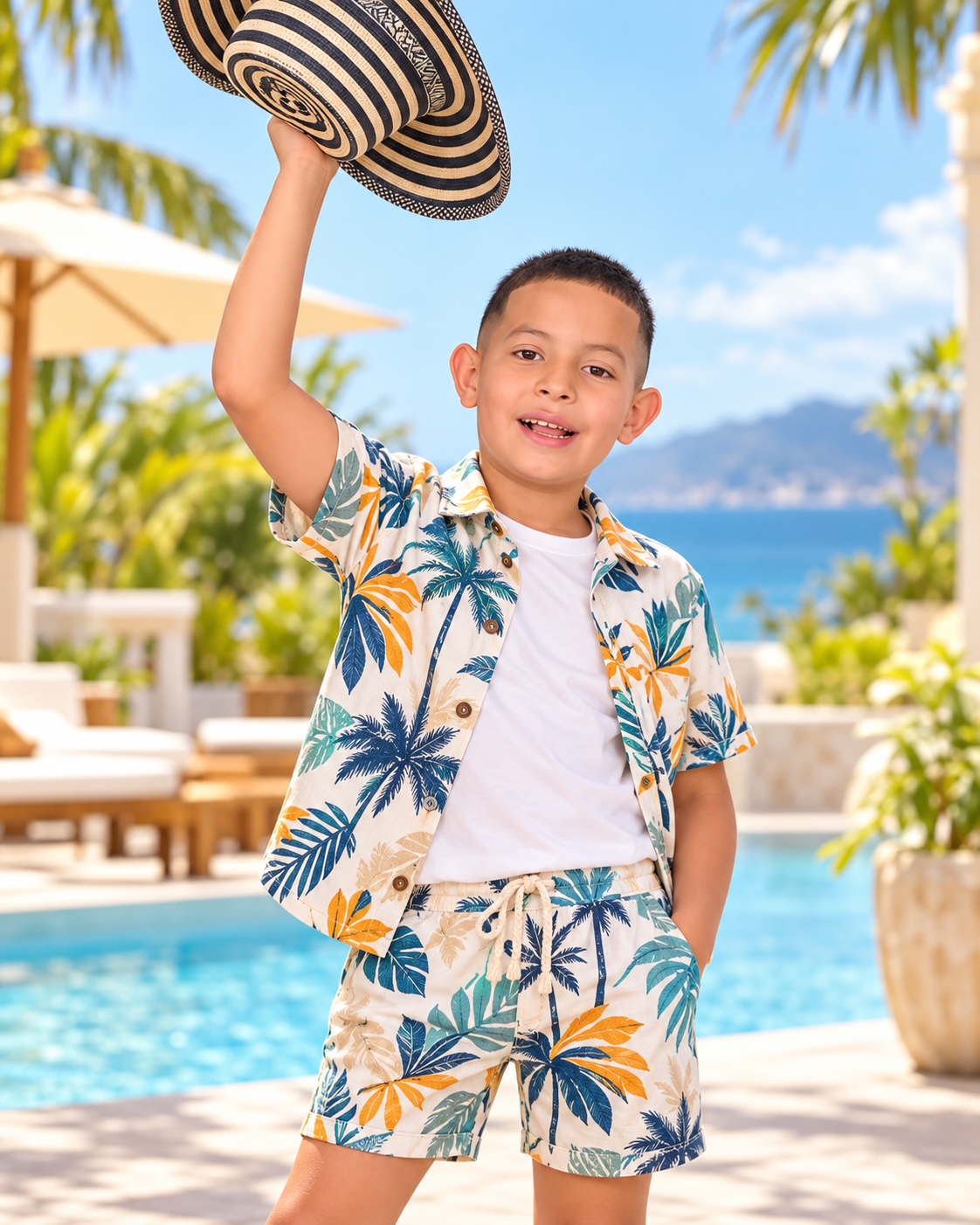 Niño sonriente con look relajado y tropical